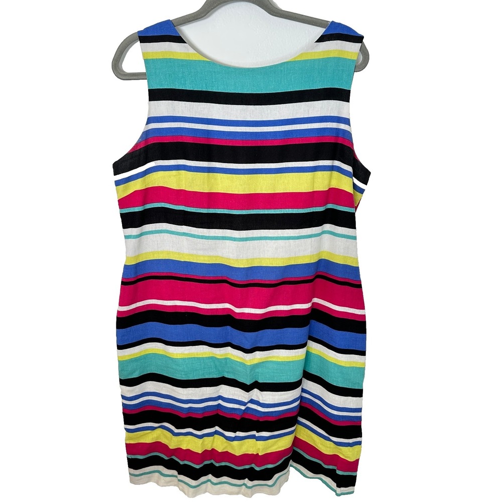 Tahari Multicolor Striped Linen Blend Dress Lined Pink Blue Yellow Size 14